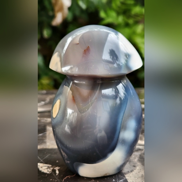 Grey Blue Orca Agate Fat Mushroom Carving- Large - Picture 2 of 16